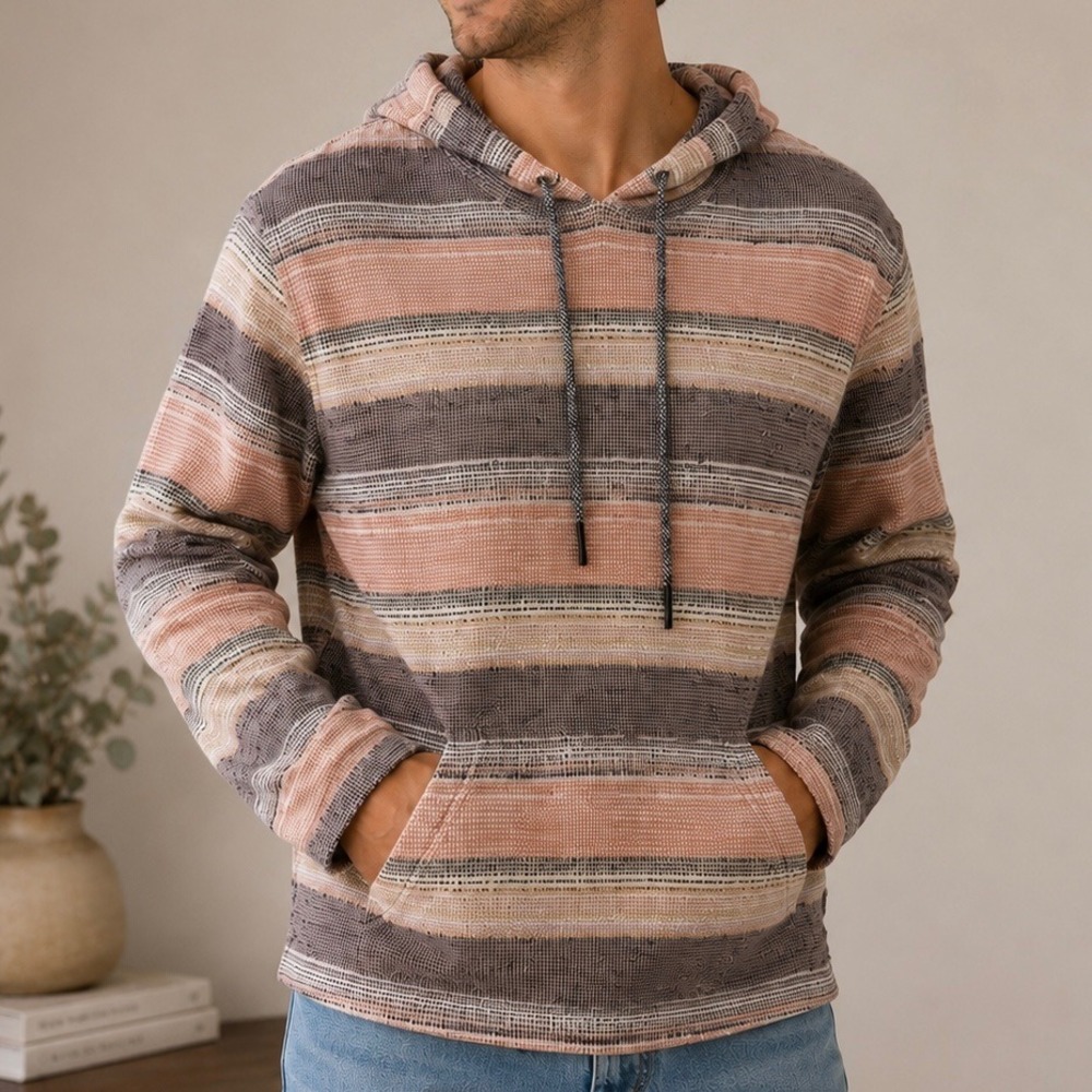 ROWM Men's LT Baja Stripe Hoodie Pink Brown Waffle Knit Surf Skate Pullover Tall